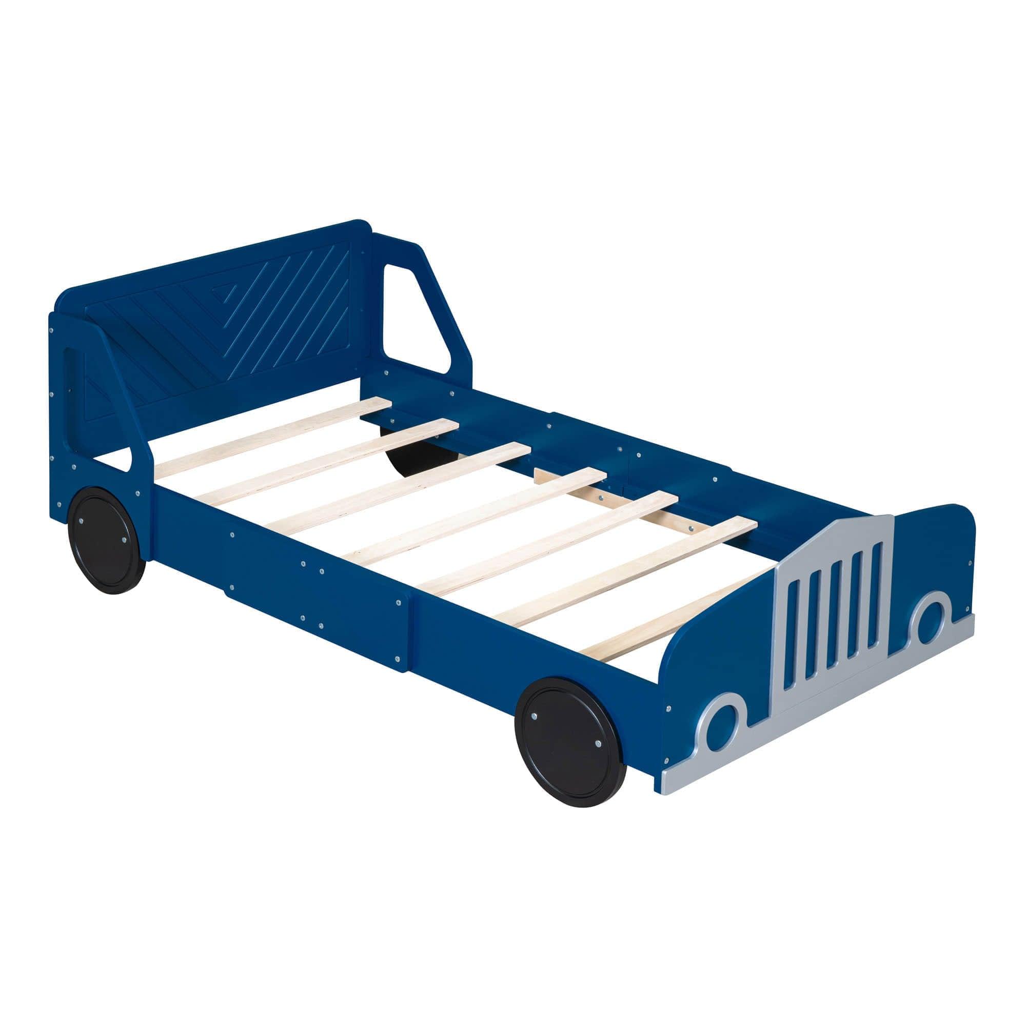 Wooden Car Twin Bed Frame for Boys and Girls with Wheels