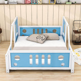 Wood Full Size Car-Shaped Floor Bed Frame with Rails for Boys