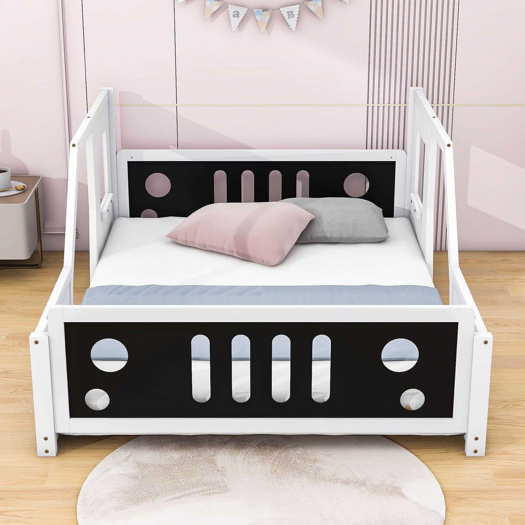 Wood Full Size Car-Shaped Floor Bed Frame with Rails for Boys