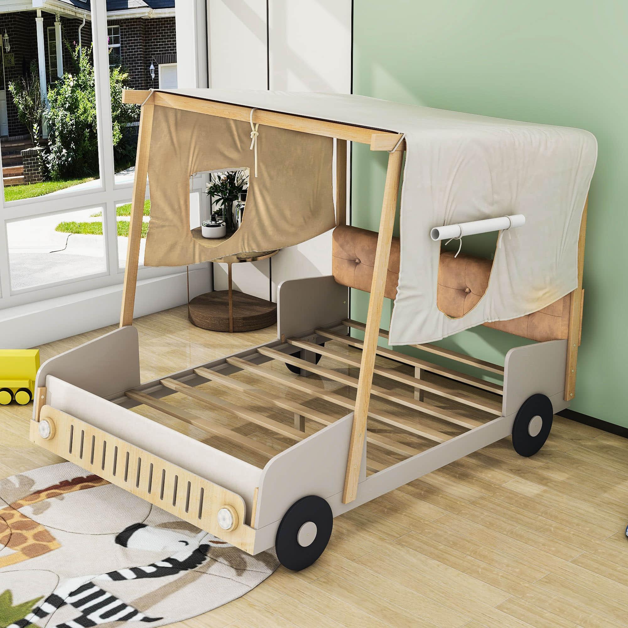 Wood Full Size Car Bed Frame with LED Lights and Canopy for Boys