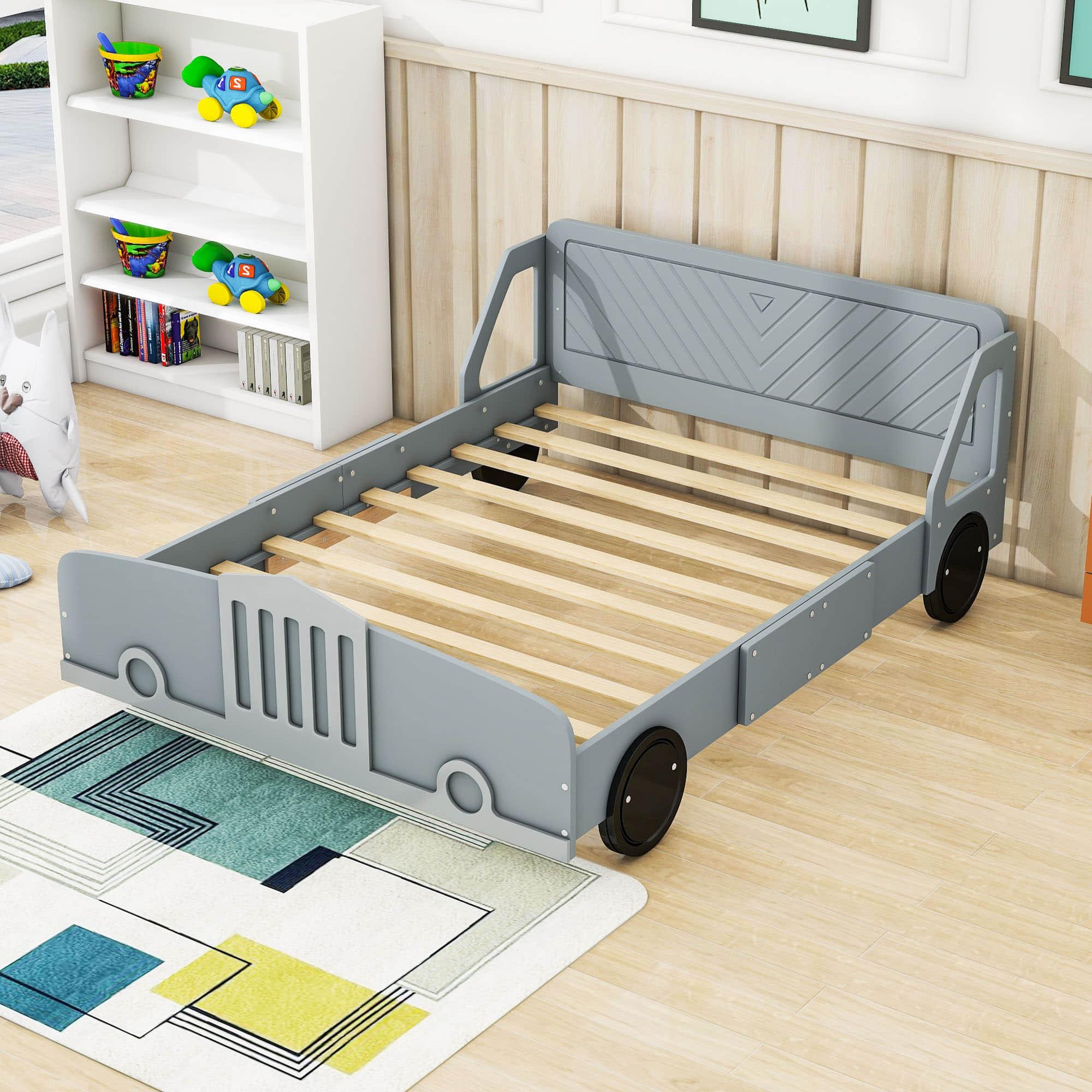 Wooden Full Size Car Bed Frame for Boys and Girls with Wheels