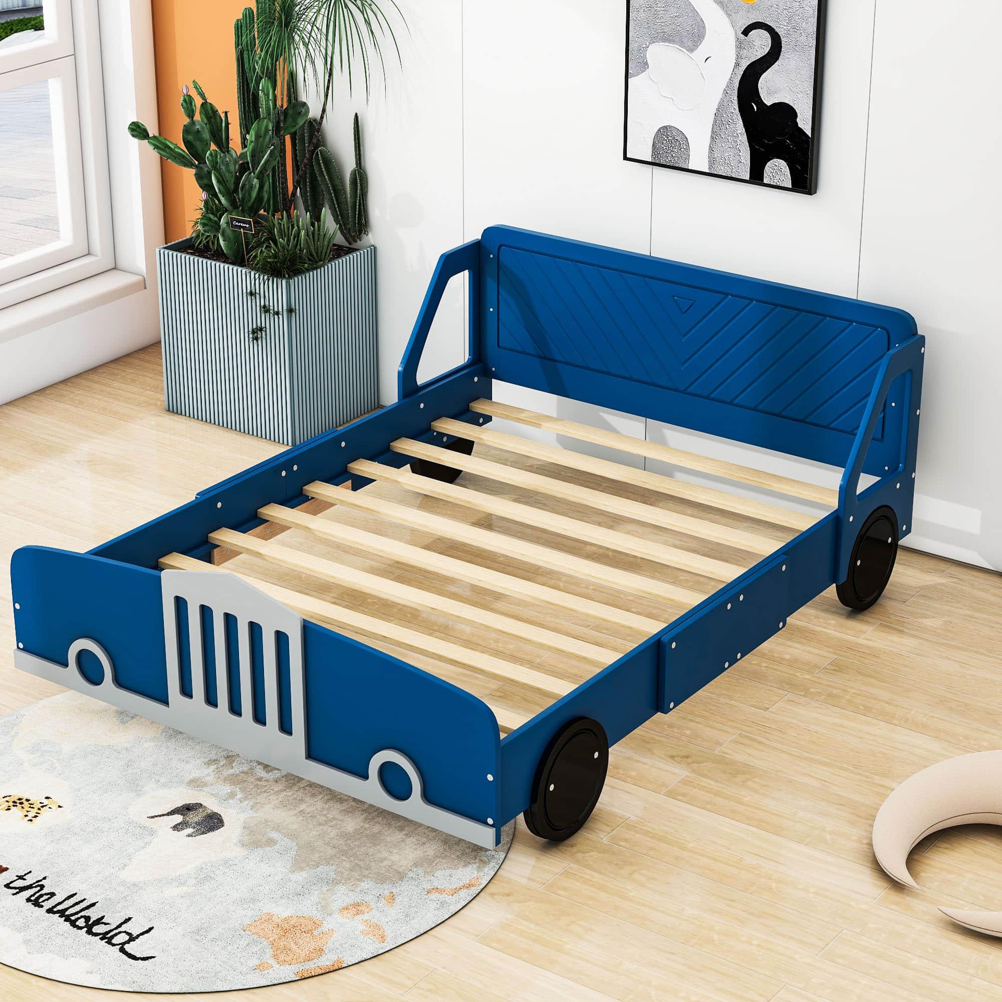 Wooden Full Size Car Bed Frame for Boys and Girls with Wheels