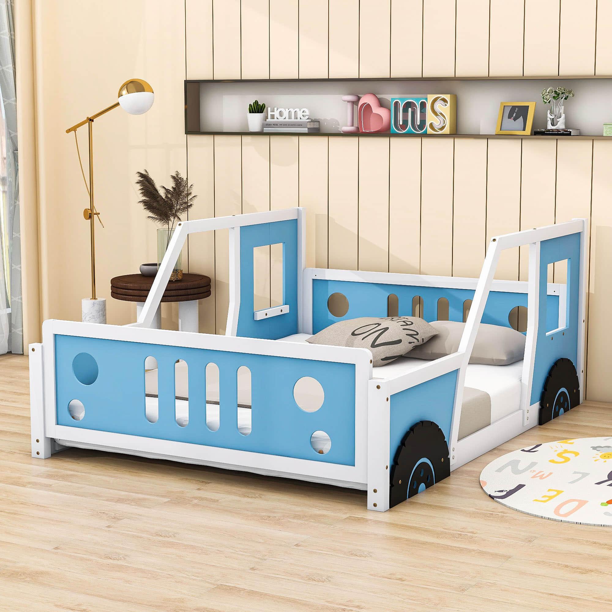 Wood Full Size Car-Shaped Floor Bed Frame with Rails for Boys