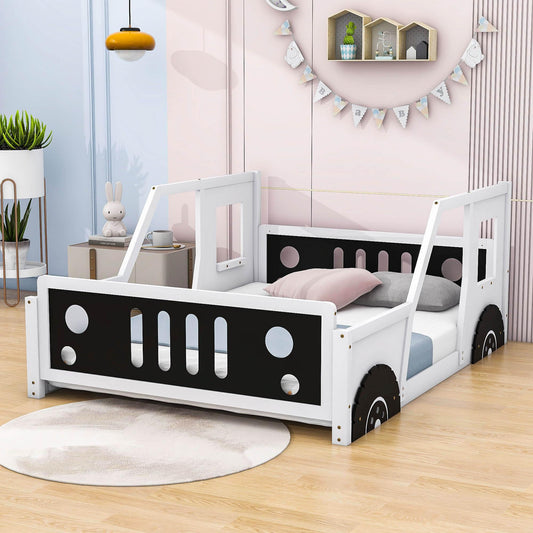 Wood Full Size Car-Shaped Floor Bed Frame with Rails for Boys