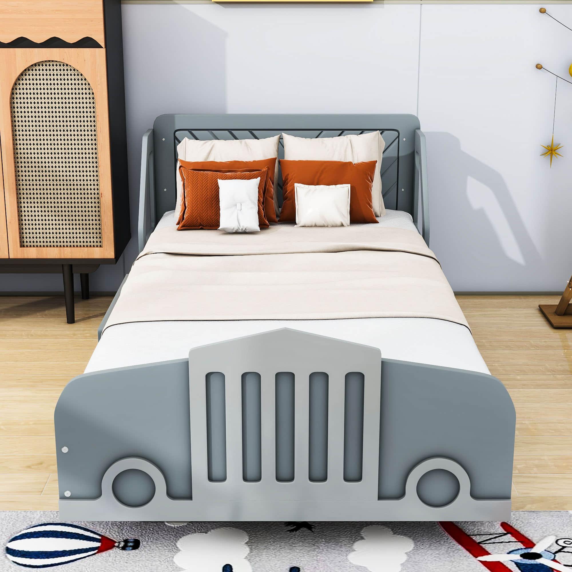 Wooden Car Twin Bed Frame for Boys and Girls with Wheels