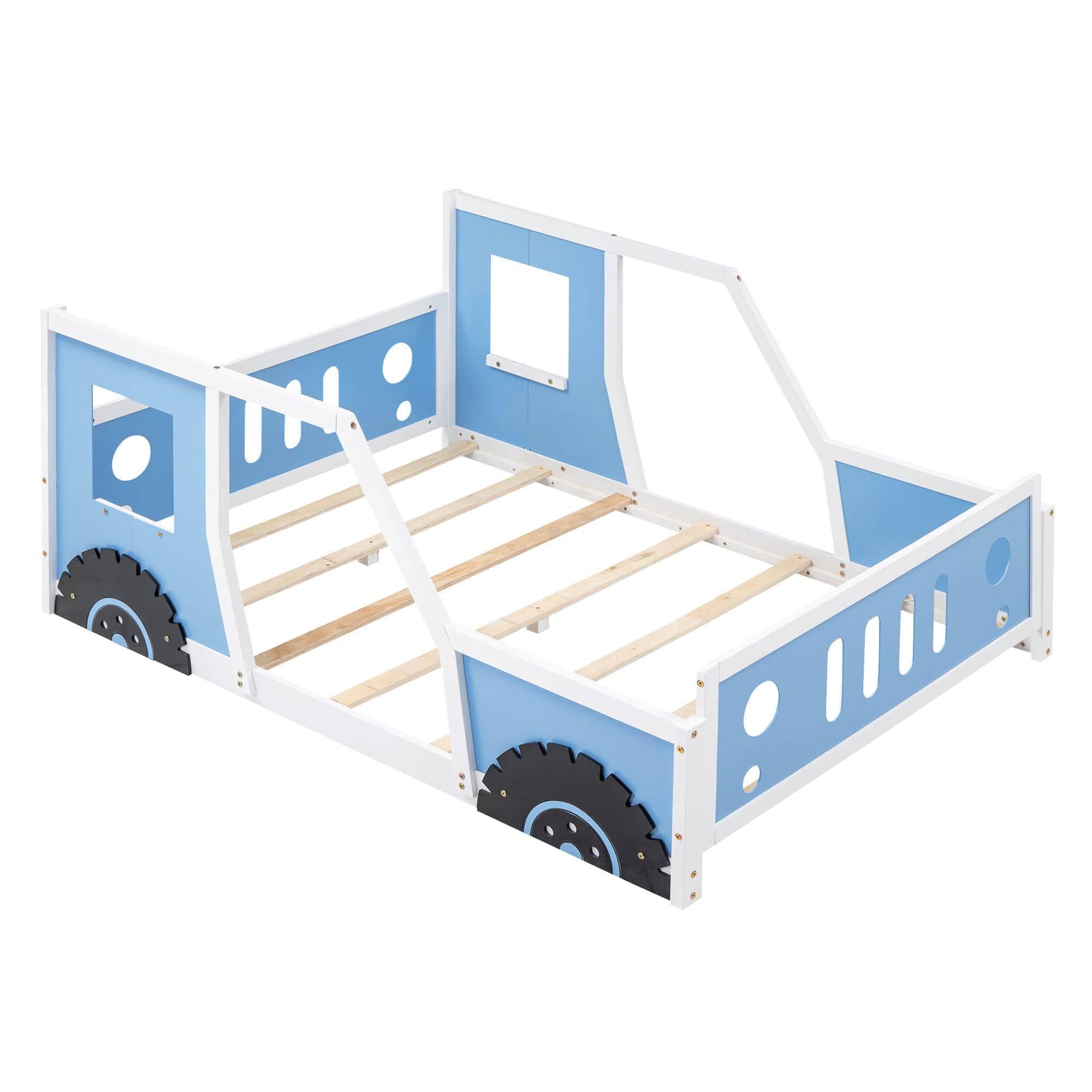 Wood Full Size Car-Shaped Floor Bed Frame with Rails for Boys