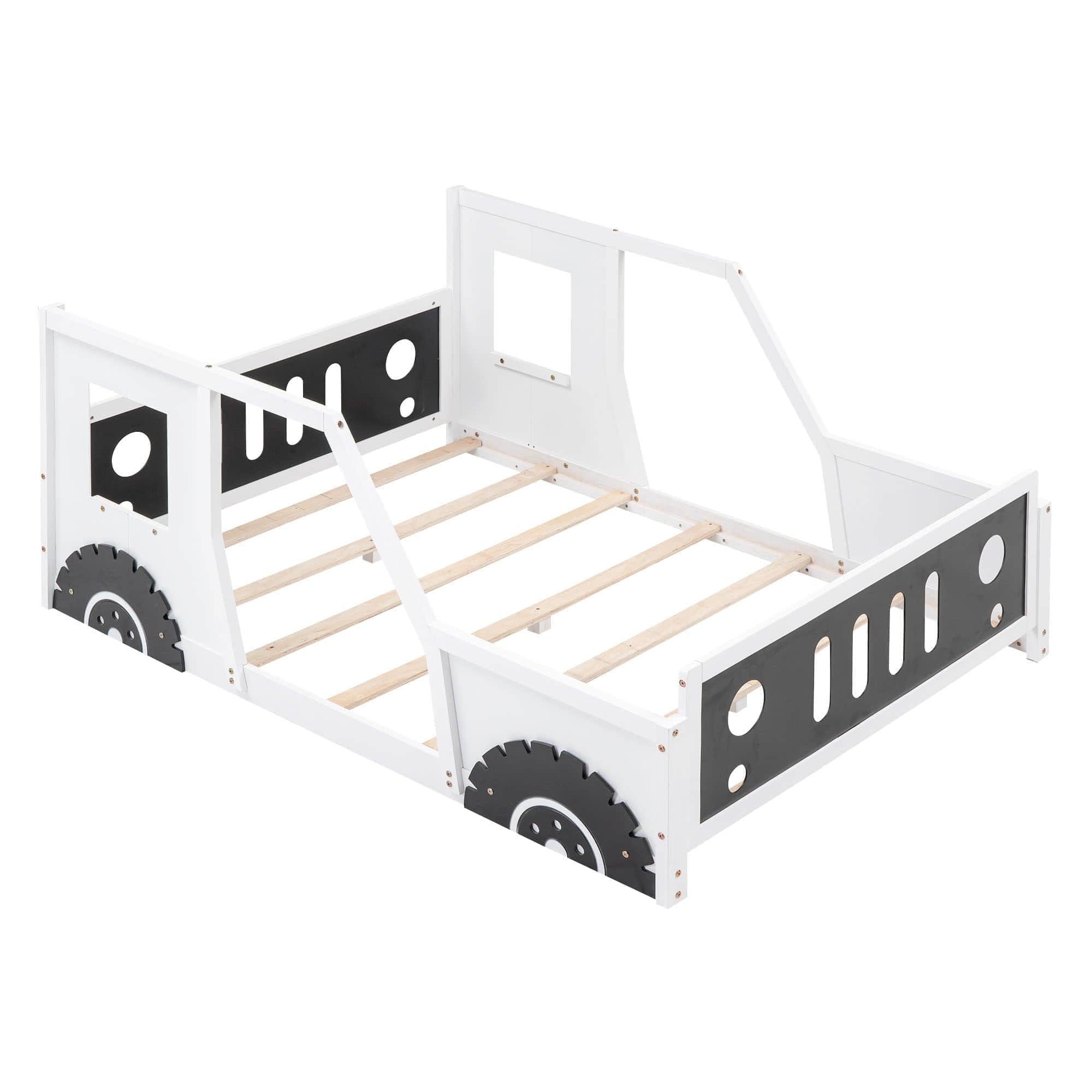 Wood Full Size Car-Shaped Floor Bed Frame with Rails for Boys