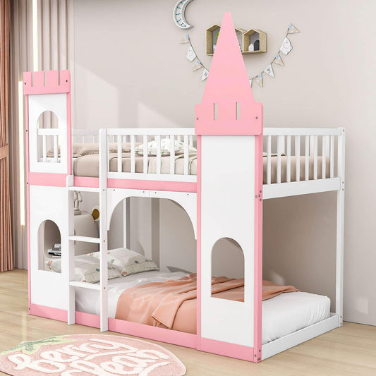 Low Twin Over Twin Bunk Beds for Kids, Girls, Toddler - [Wooden, Castle]