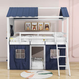 Low Twin Over Twin House Loft Bunk Beds for Kids with Curtains - [Floor]