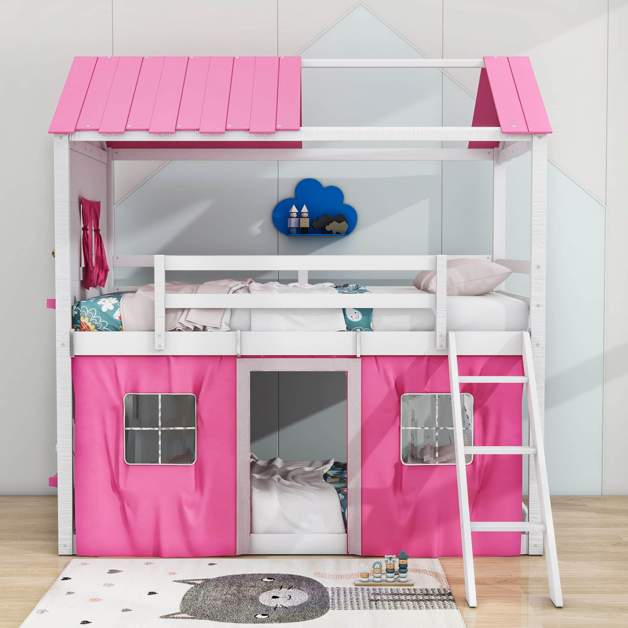 Low Twin Over Twin House Loft Bunk Beds for Kids with Curtains - [Floor]