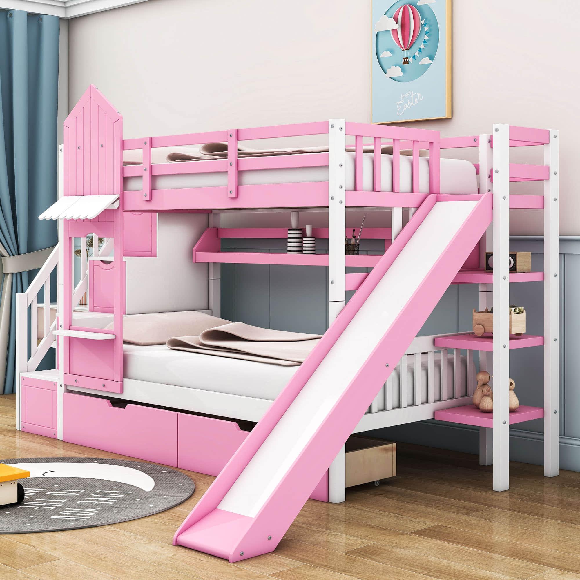 Girls Twin Over Twin Castle Bunk Bed with Slide and Stairs, Storage