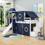 Wood Twin Low Loft Castle Bed with Stairs and Slide for Kids