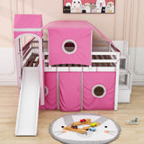 Wood Full Size Low Loft House Bed with Stairs and Slide for Kids