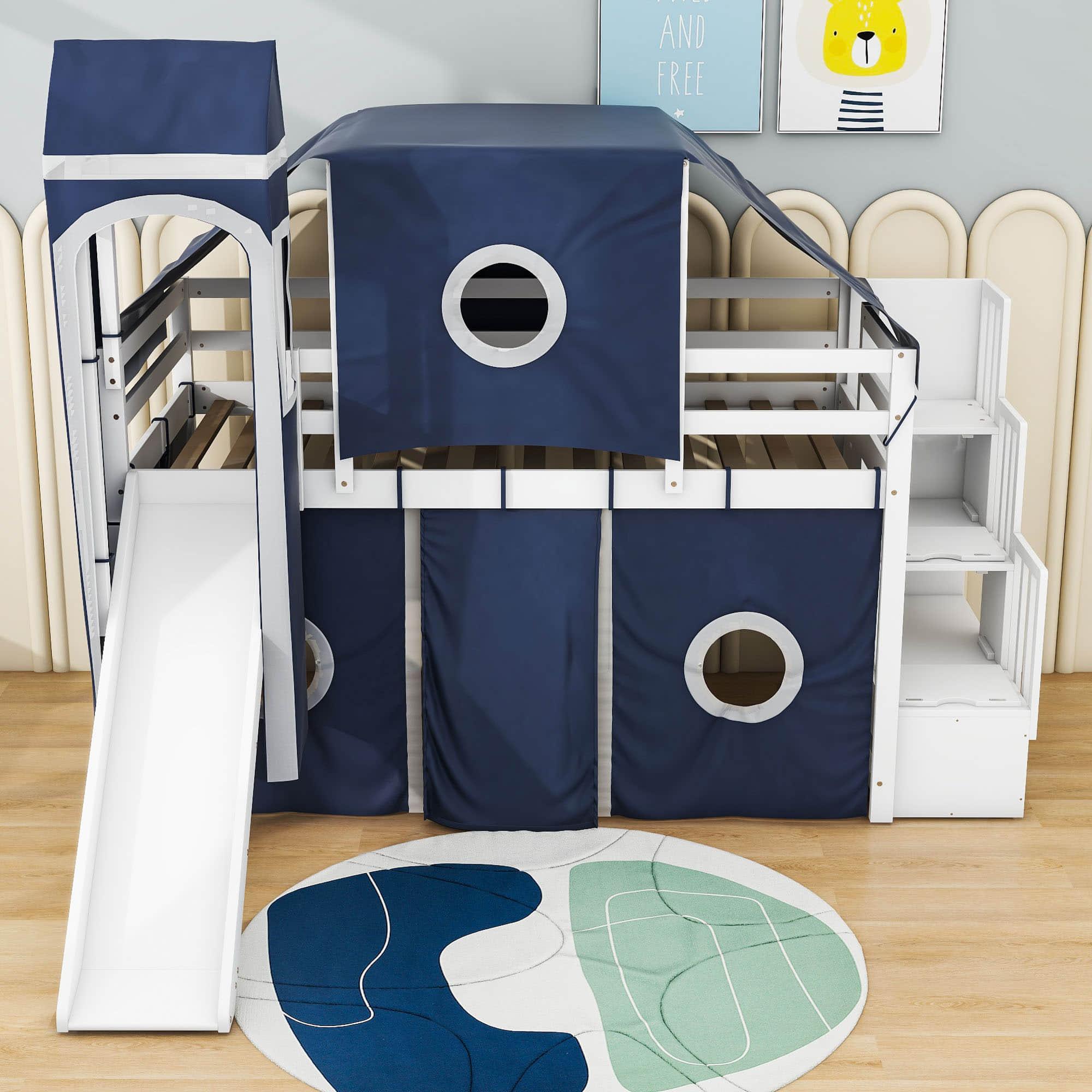 Wood Twin Low Loft Castle Bed with Stairs and Slide for Kids