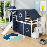 Wood Twin Low Loft Castle Bed with Stairs and Slide for Kids