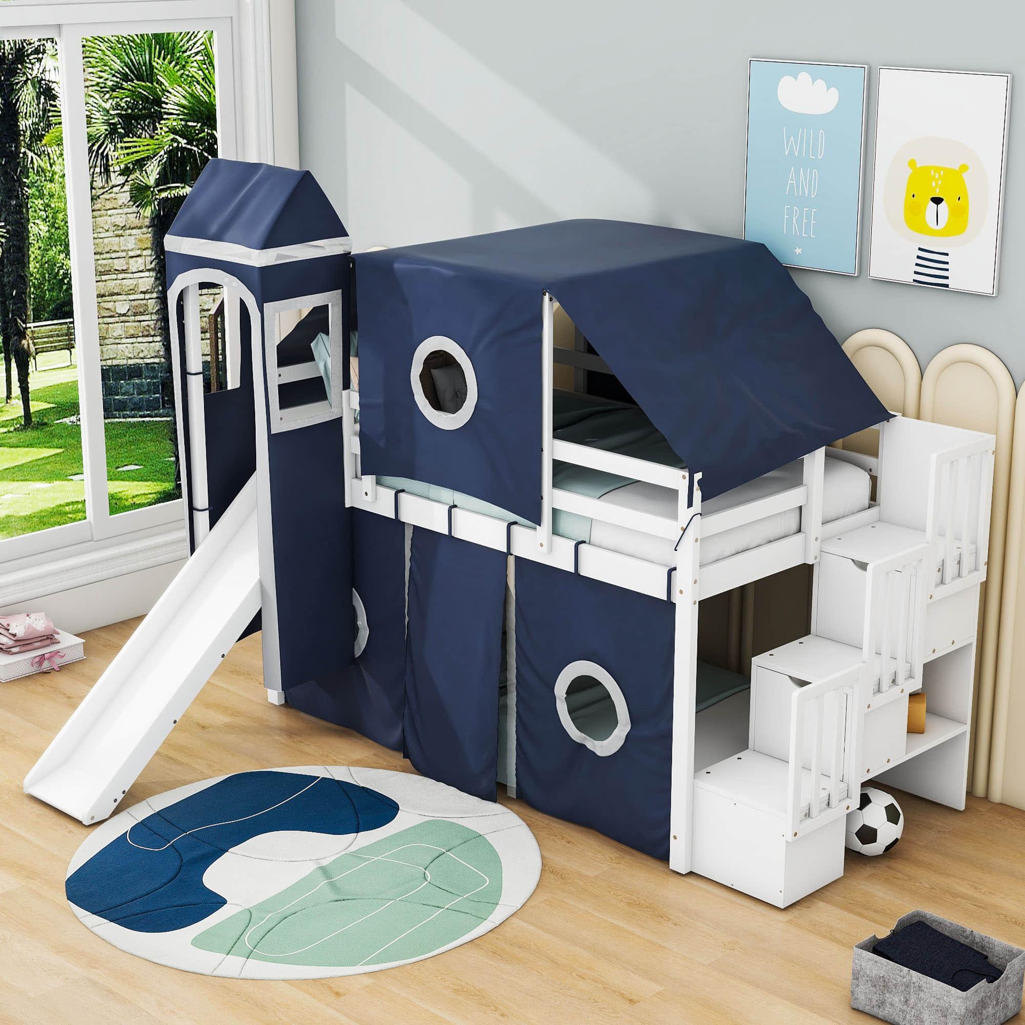 Wood Twin Low Loft Castle Bed with Stairs and Slide for Kids