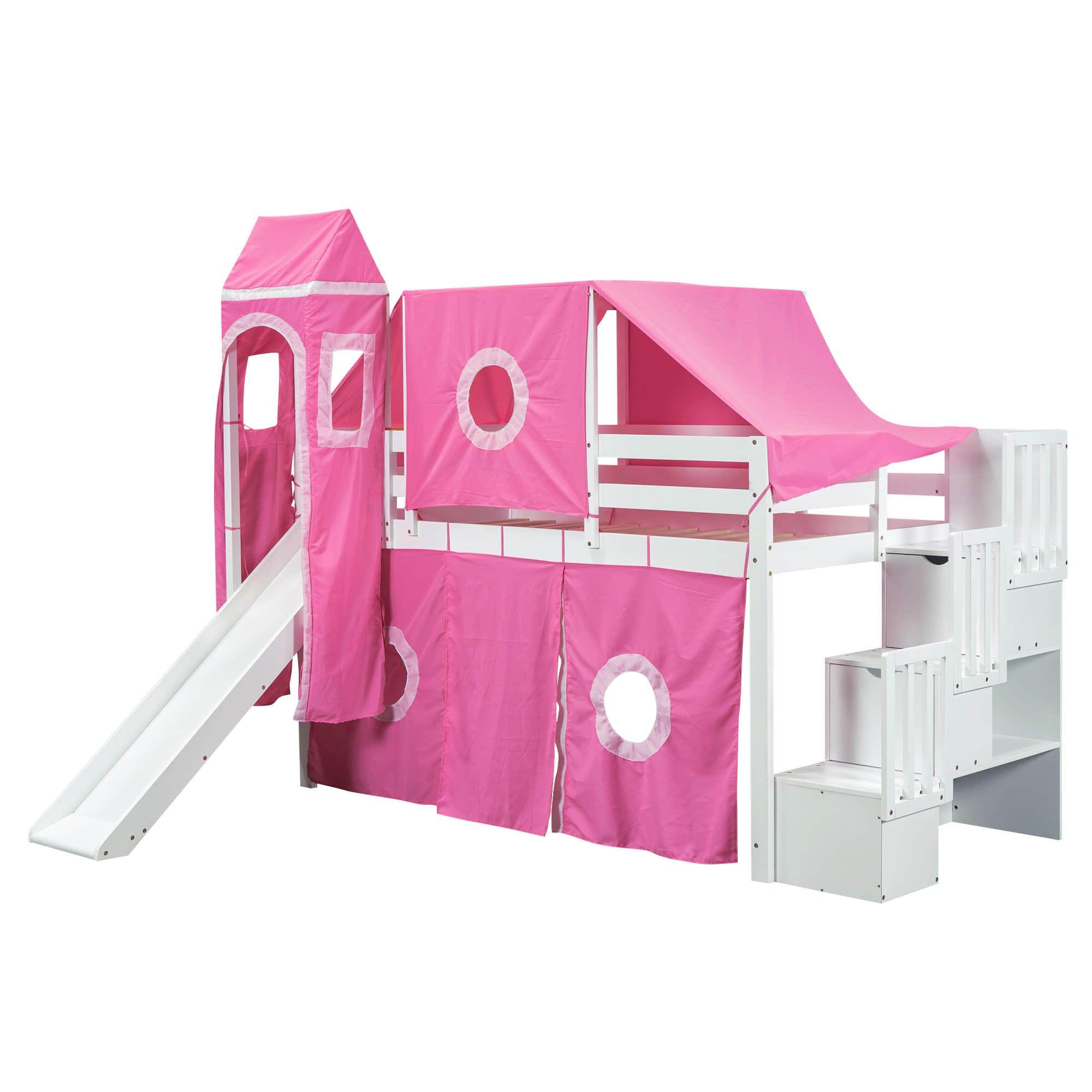 Wood Twin Low Loft Castle Bed with Stairs and Slide for Kids