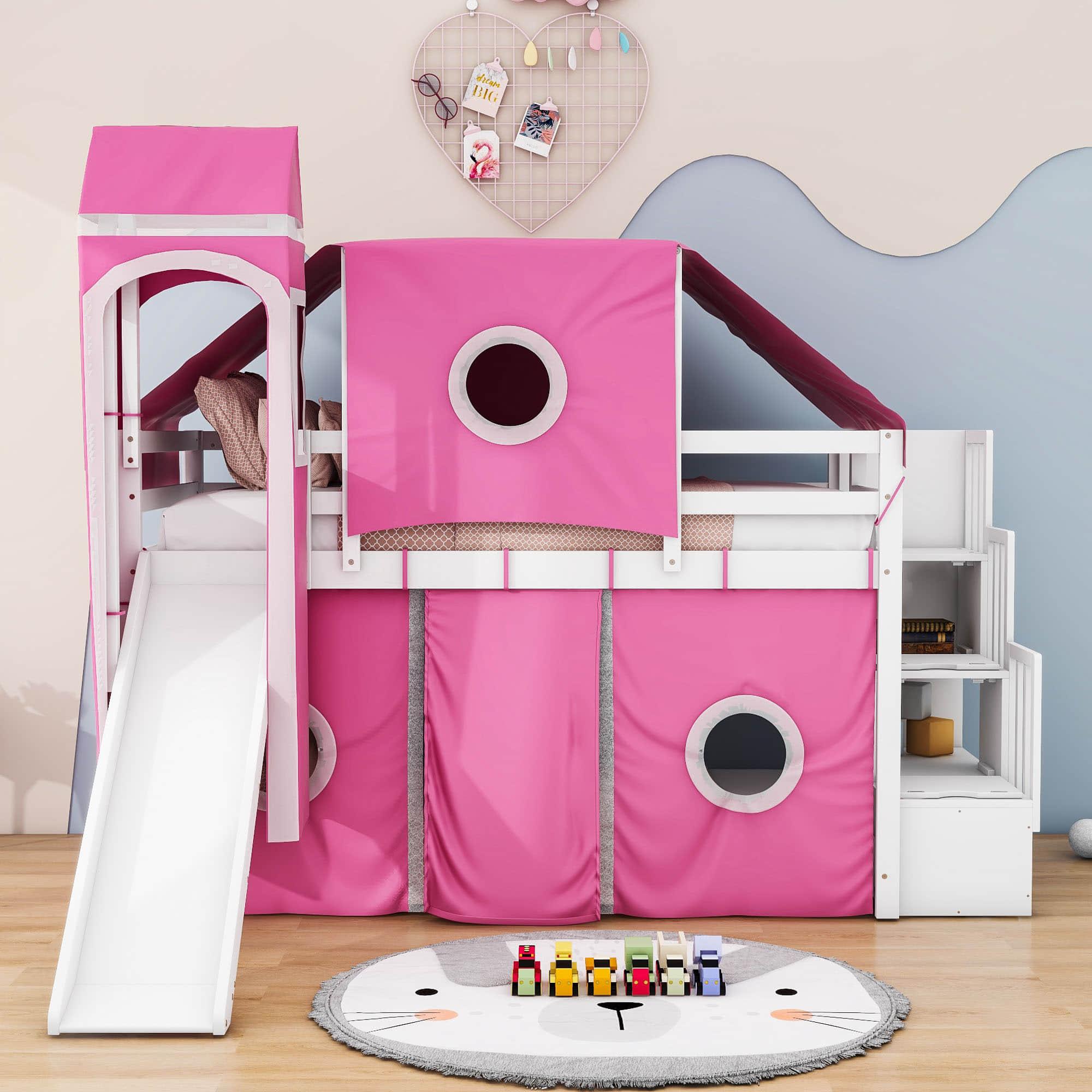 Wood Twin Low Loft Castle Bed with Stairs and Slide for Kids