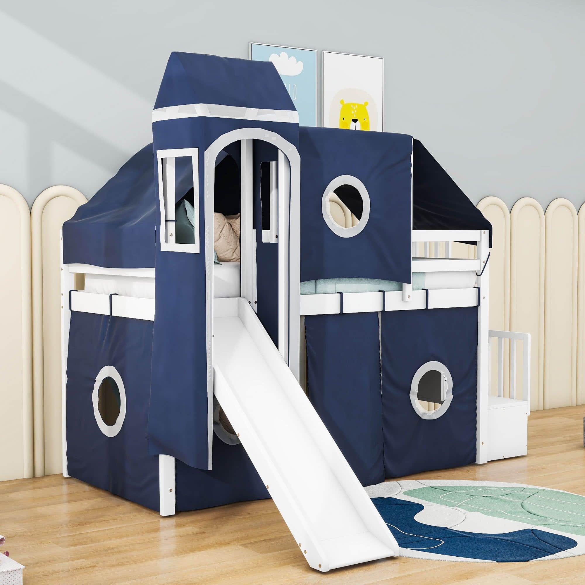 Wood Twin Low Loft Castle Bed with Stairs and Slide for Kids