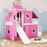 Wood Twin Low Loft Castle Bed with Stairs and Slide for Kids