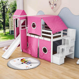 Wood Twin Low Loft Castle Bed with Stairs and Slide for Kids