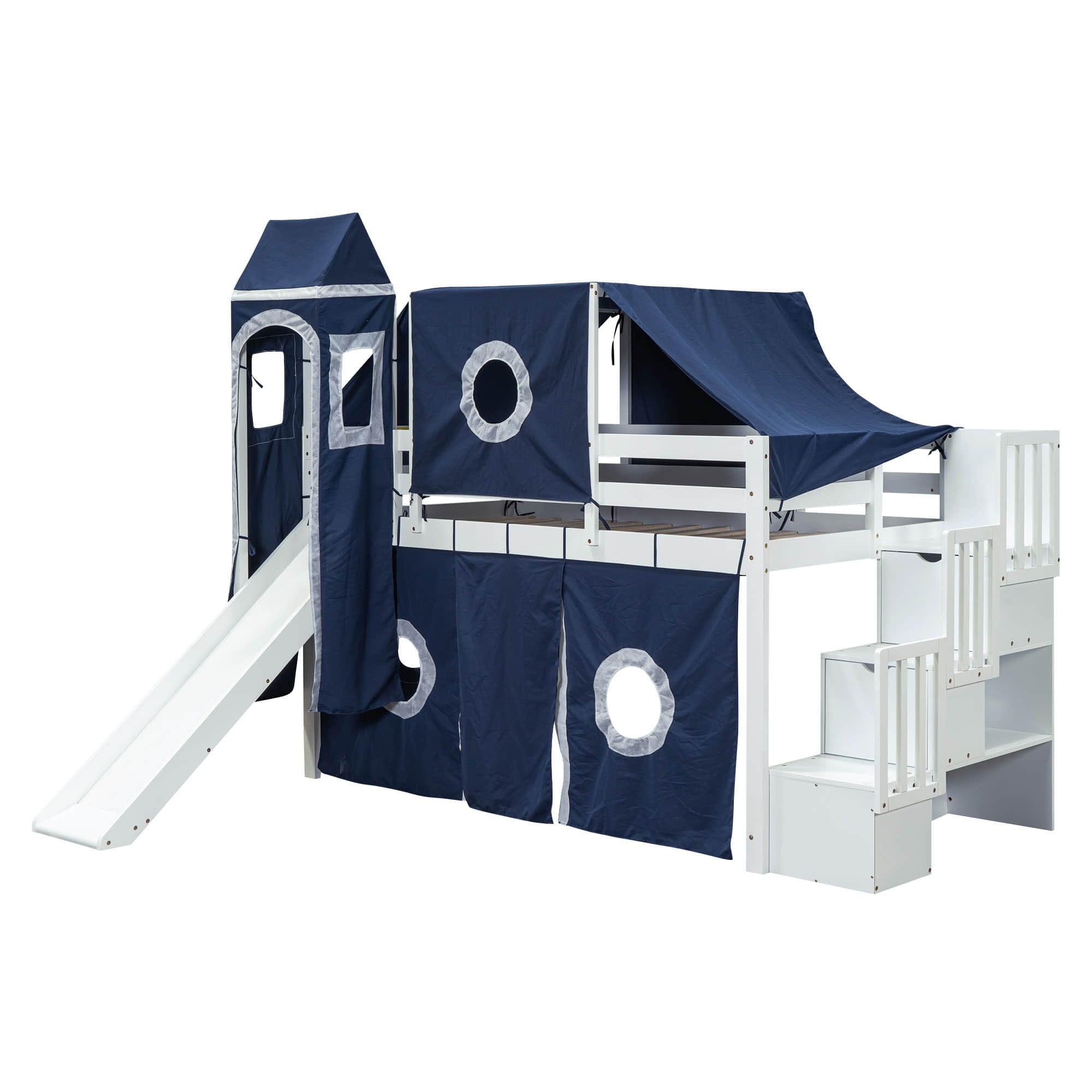 Wood Twin Low Loft Castle Bed with Stairs and Slide for Kids