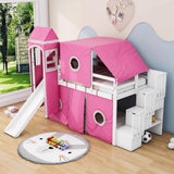 Wood Twin Low Loft Castle Bed with Stairs and Slide for Kids