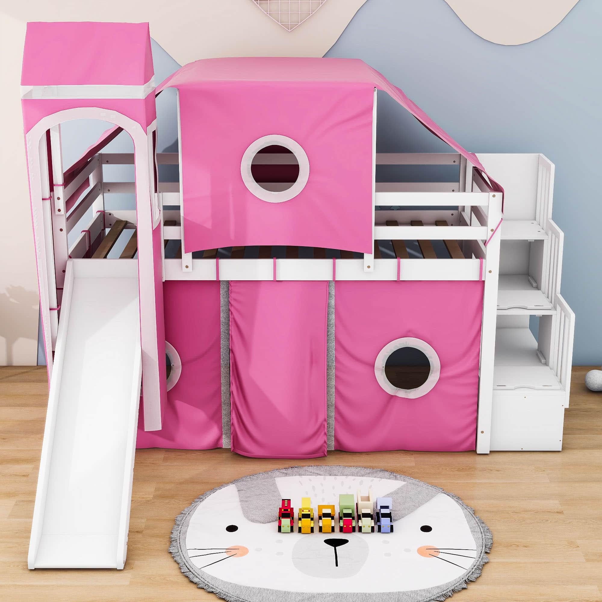 Wood Twin Low Loft Castle Bed with Stairs and Slide for Kids