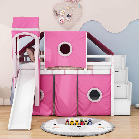 Wood Twin Low Loft Castle Bed with Stairs and Slide for Kids