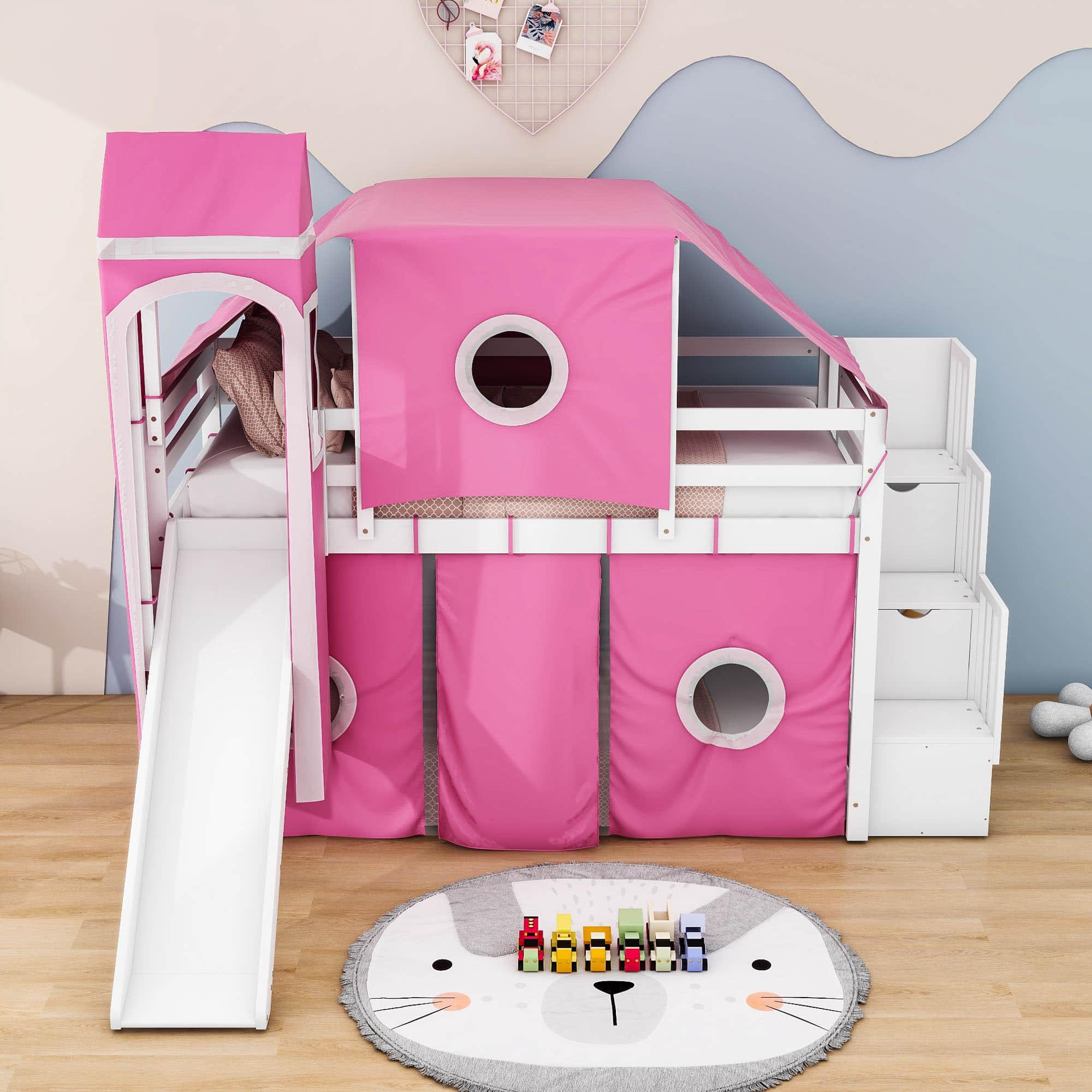 Wood Twin Low Loft Castle Bed with Stairs and Slide for Kids