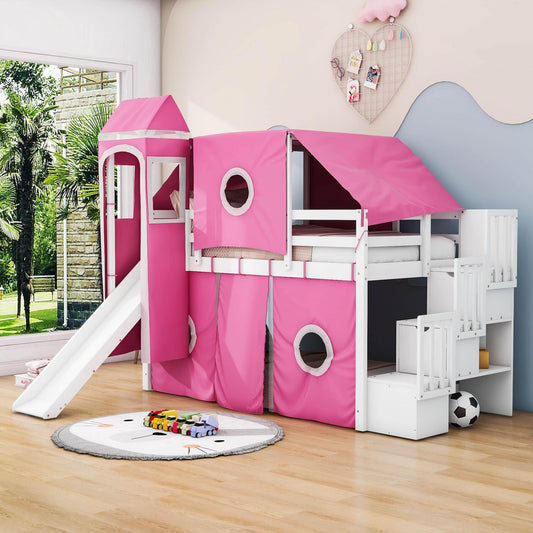 Wood Twin Low Loft Castle Bed with Stairs and Slide for Kids