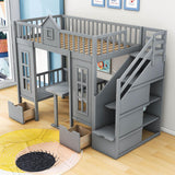 Convertible Twin Over Twin Bunk Beds with Stairs and Table, Storage - [Drawers]