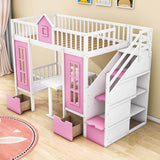 Convertible Twin Over Twin Bunk Beds with Stairs and Table, Storage - [Drawers]