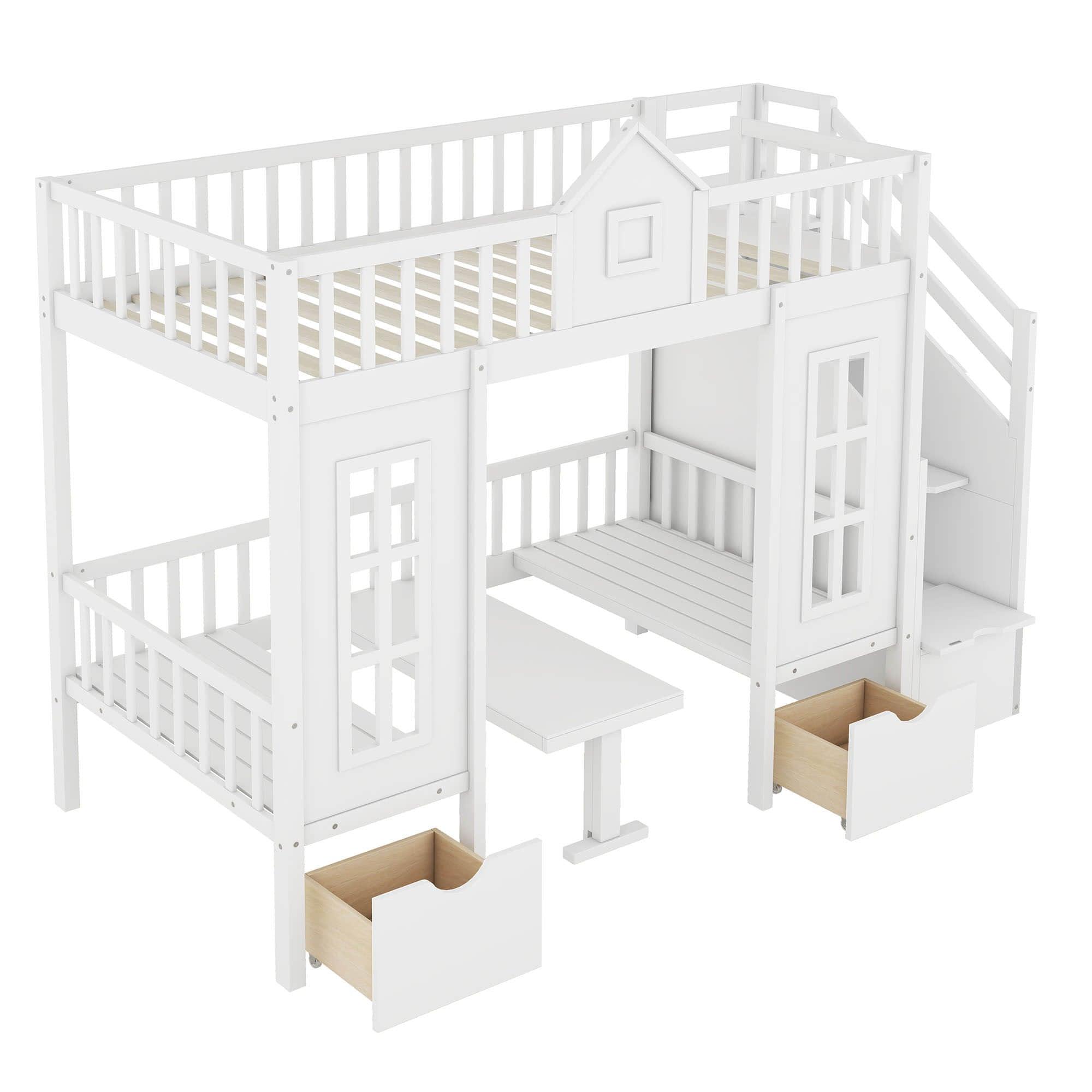 Convertible Twin Over Twin Bunk Beds with Stairs and Table, Storage - [Drawers]