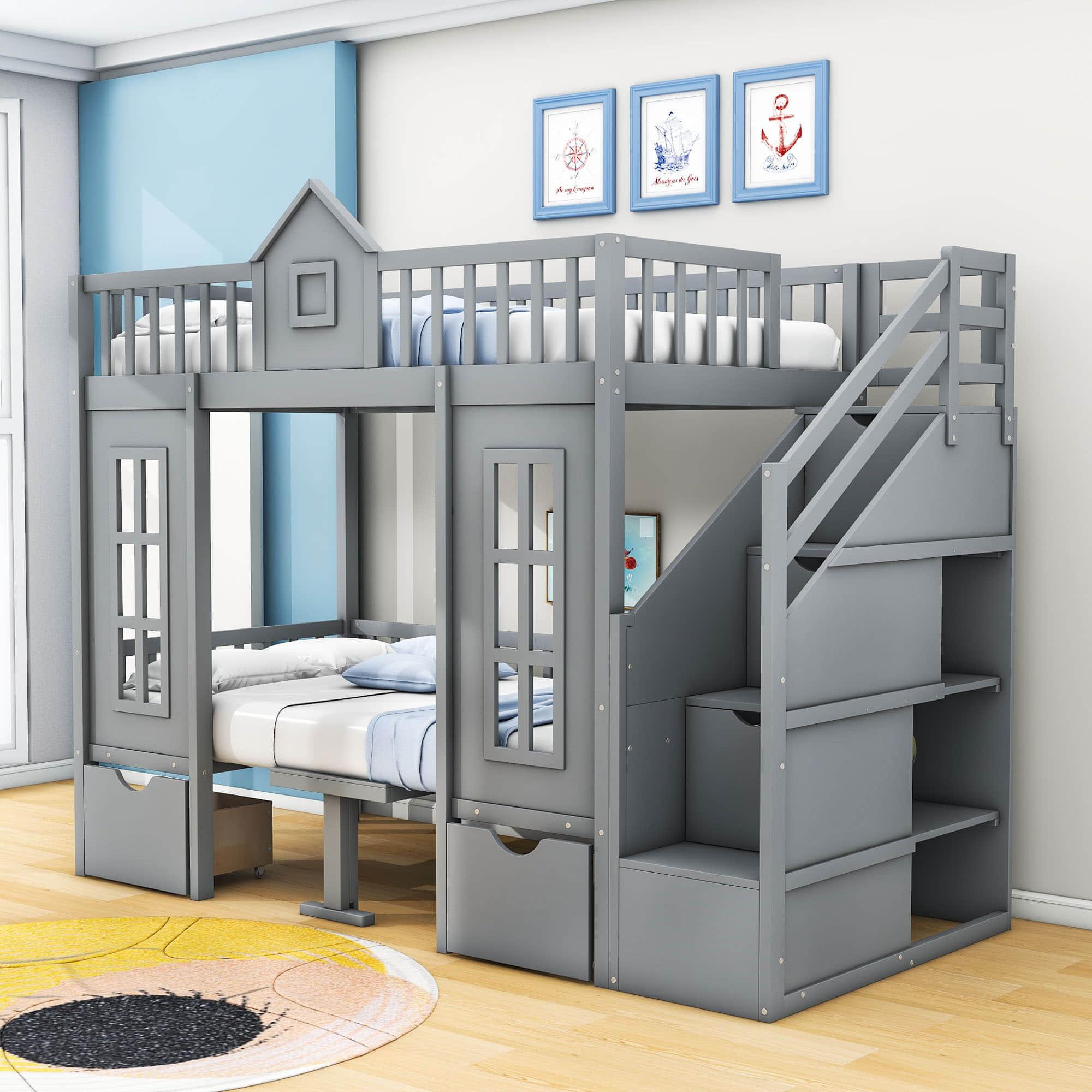 Convertible Twin Over Twin Bunk Beds with Stairs and Table, Storage - [Drawers]