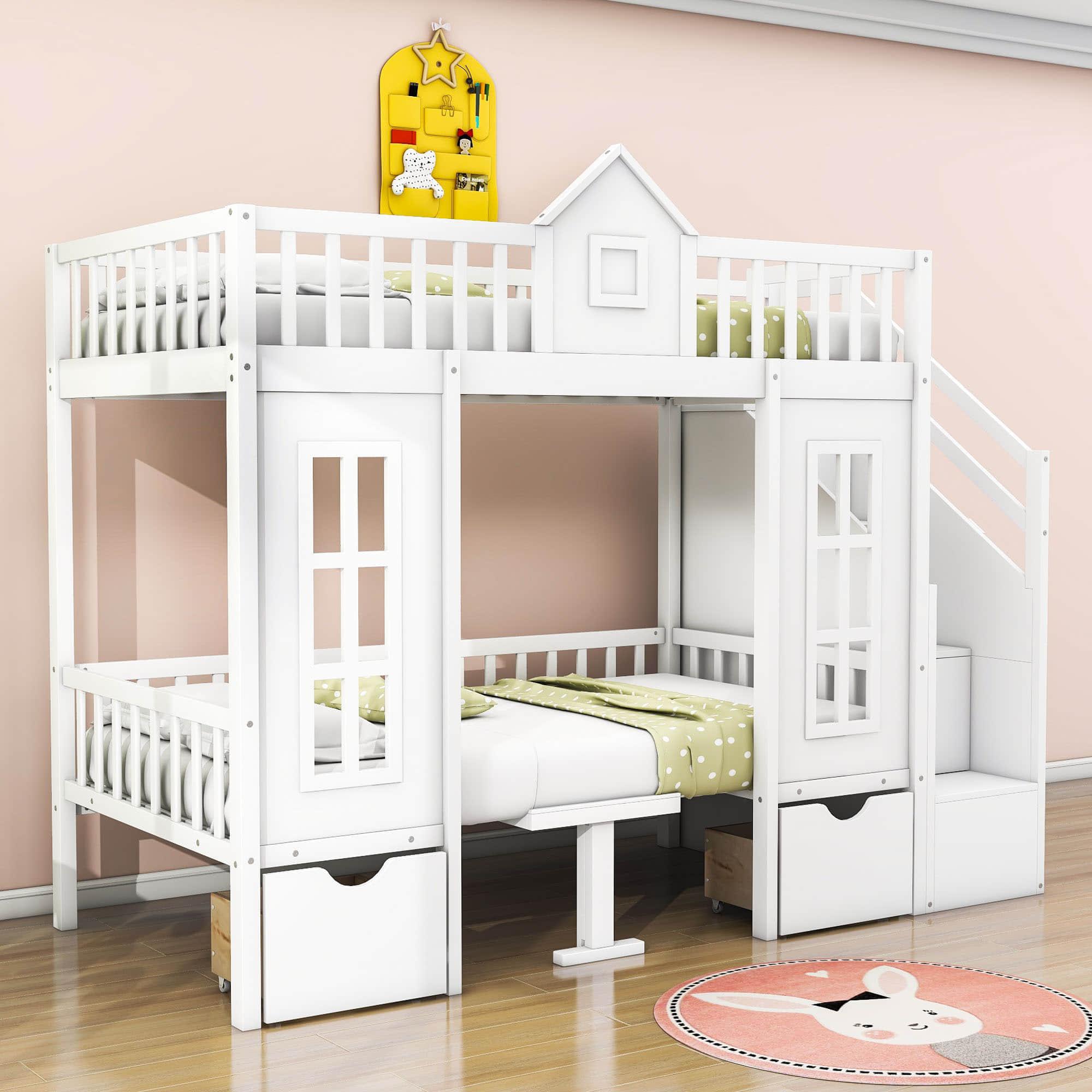 Convertible Twin Over Twin Bunk Beds with Stairs and Table, Storage - [Drawers]