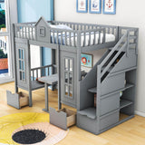 Convertible Twin Over Twin Bunk Beds with Stairs and Table, Storage - [Drawers]