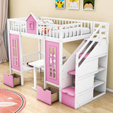 Convertible Twin Over Twin Bunk Beds with Stairs and Table, Storage - [Drawers]