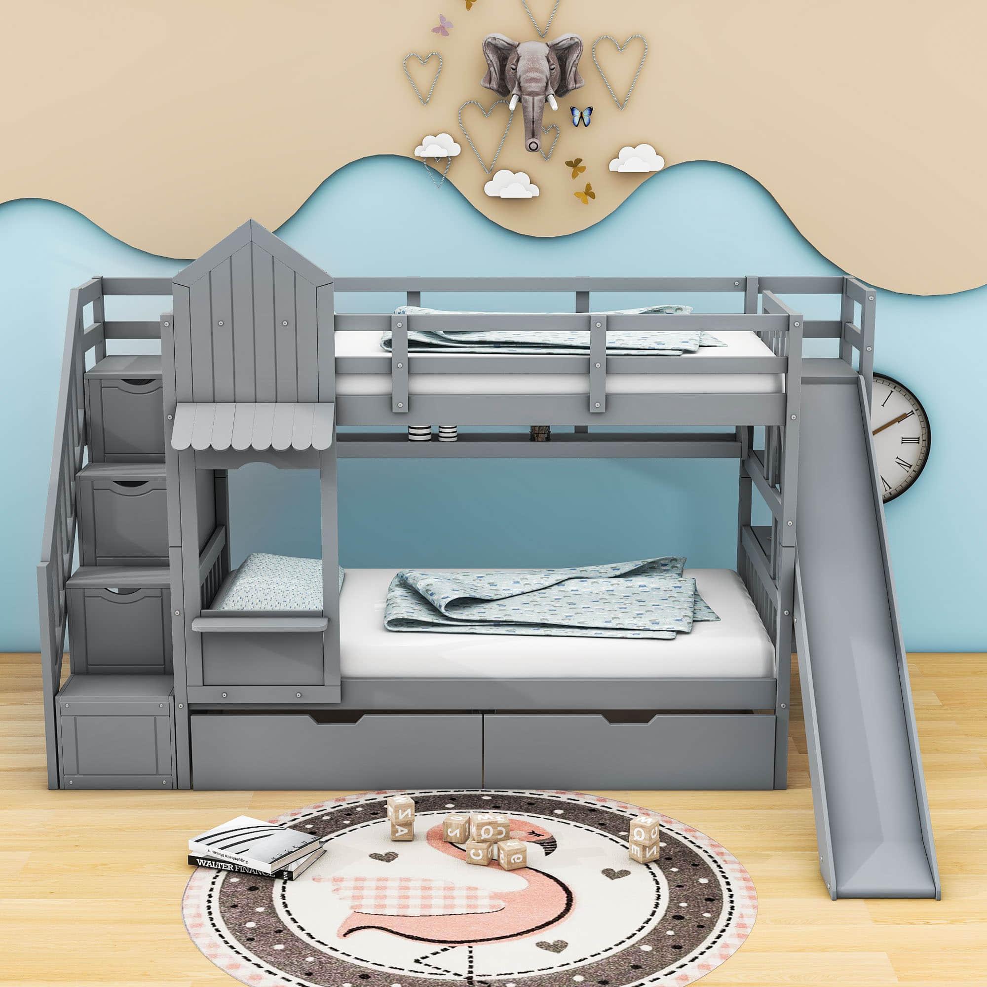 Girls Twin Over Twin Castle Bunk Bed with Slide and Stairs, Storage