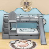 Girls Twin Over Twin Castle Bunk Bed with Slide and Stairs, Storage