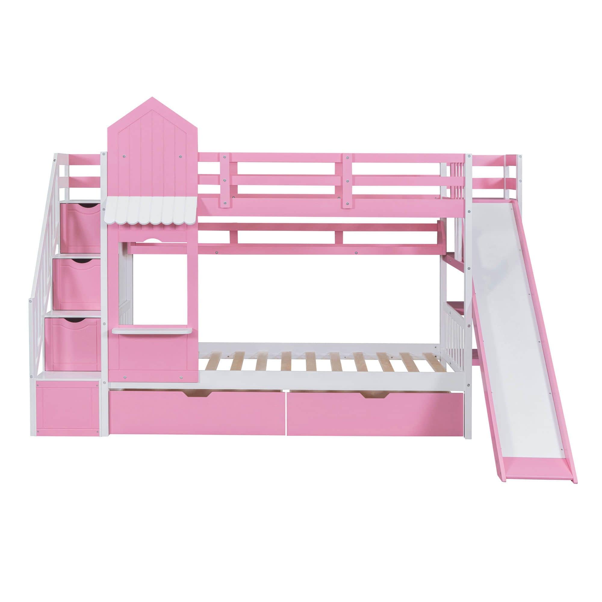 Girls Twin Over Twin Castle Bunk Bed with Slide and Stairs, Storage