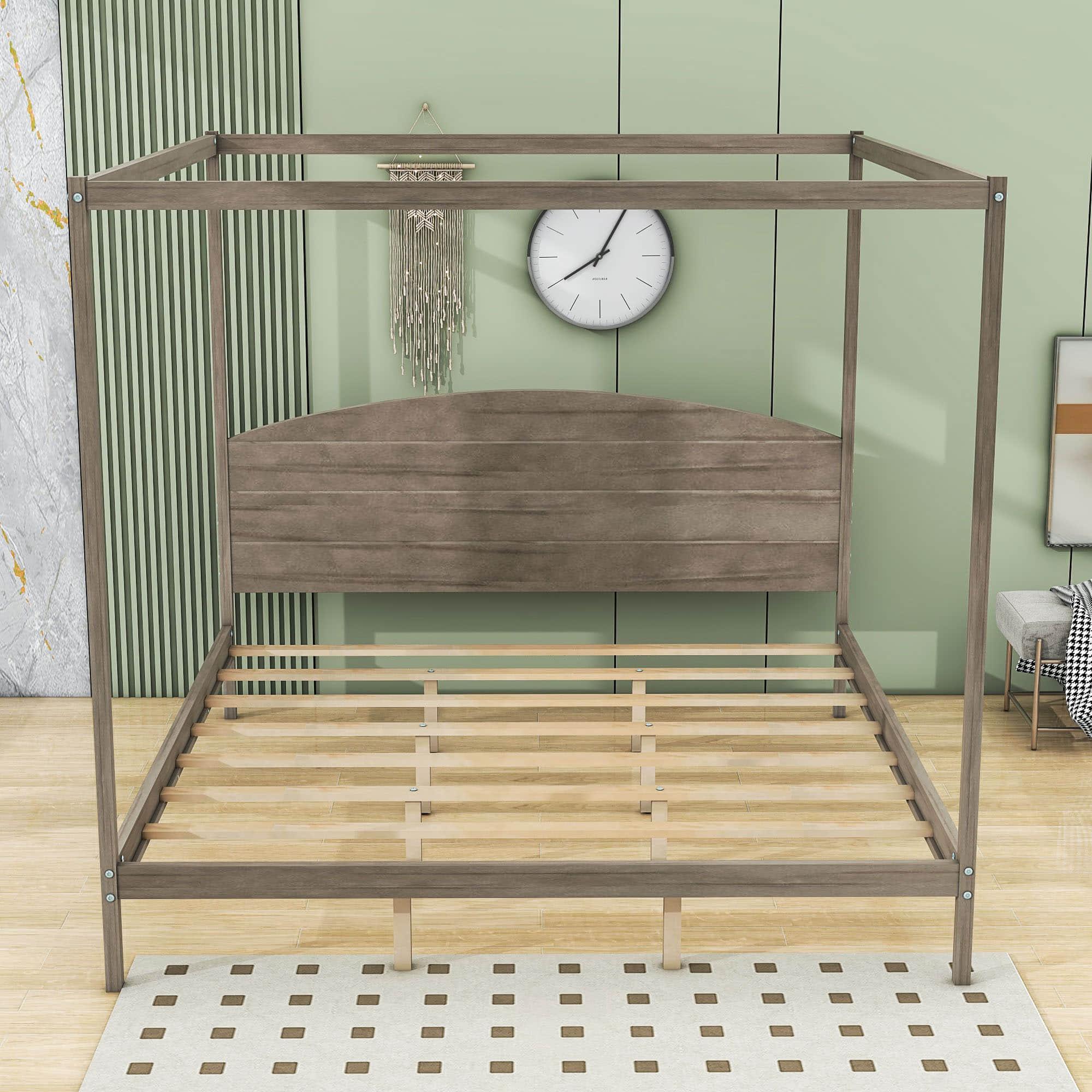 Rustic Wood King Size Canopy Bed Frame with Headboard for Adults