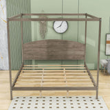 Rustic Wood King Size Canopy Bed Frame with Headboard for Adults