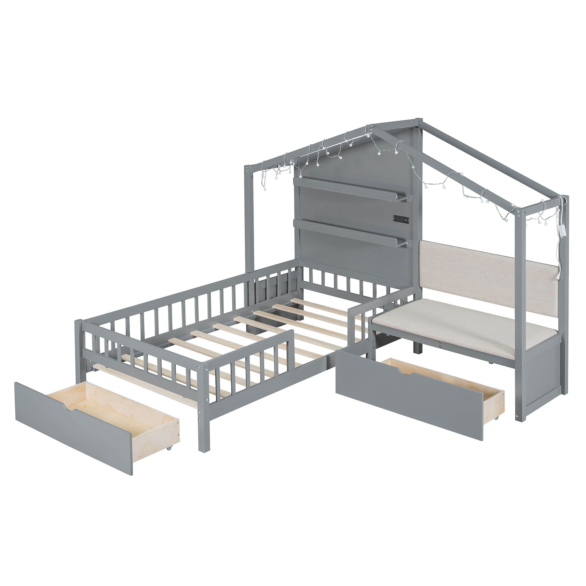 Wood Twin House Bed with Upholstered Sofa and Storage, Charging Station