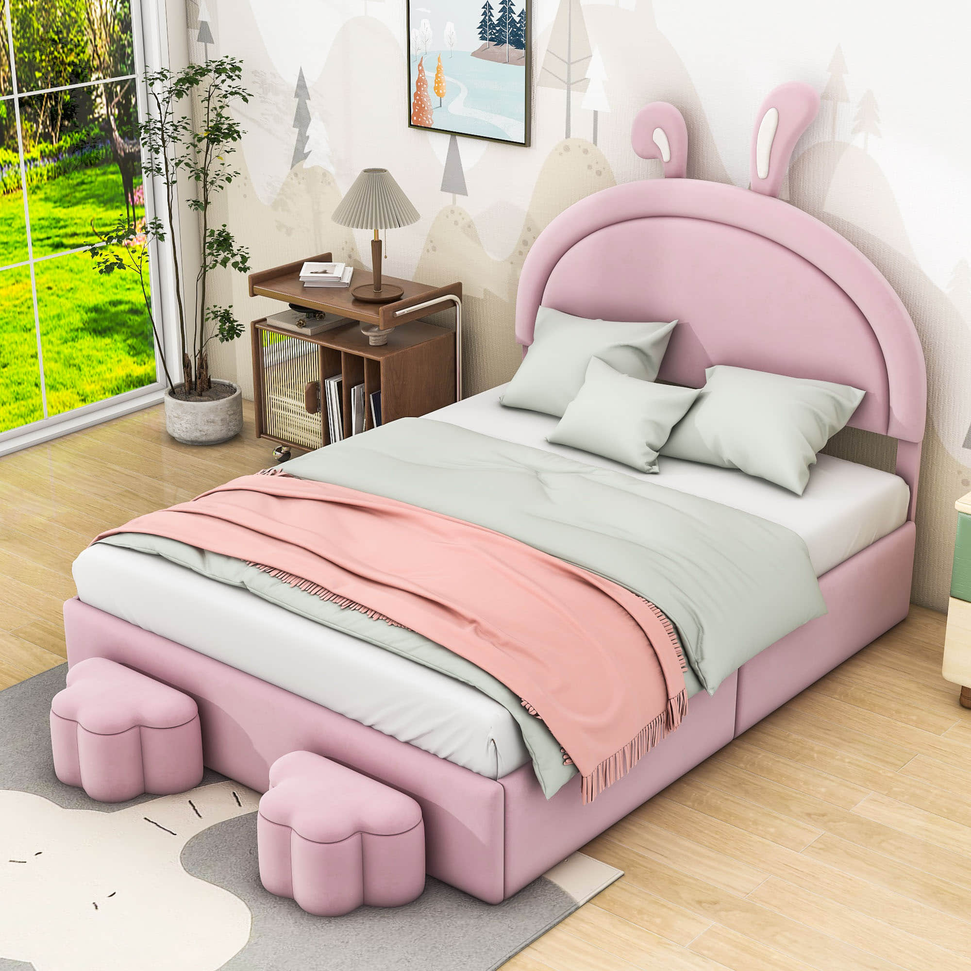 Full Size Velvet Upholstered Princess Platform Bed Frame with Headboard