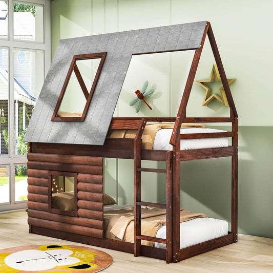 Rustic Low Twin Over Twin FarmHouse Bunk Beds for Kids, Toddler - [Floor]