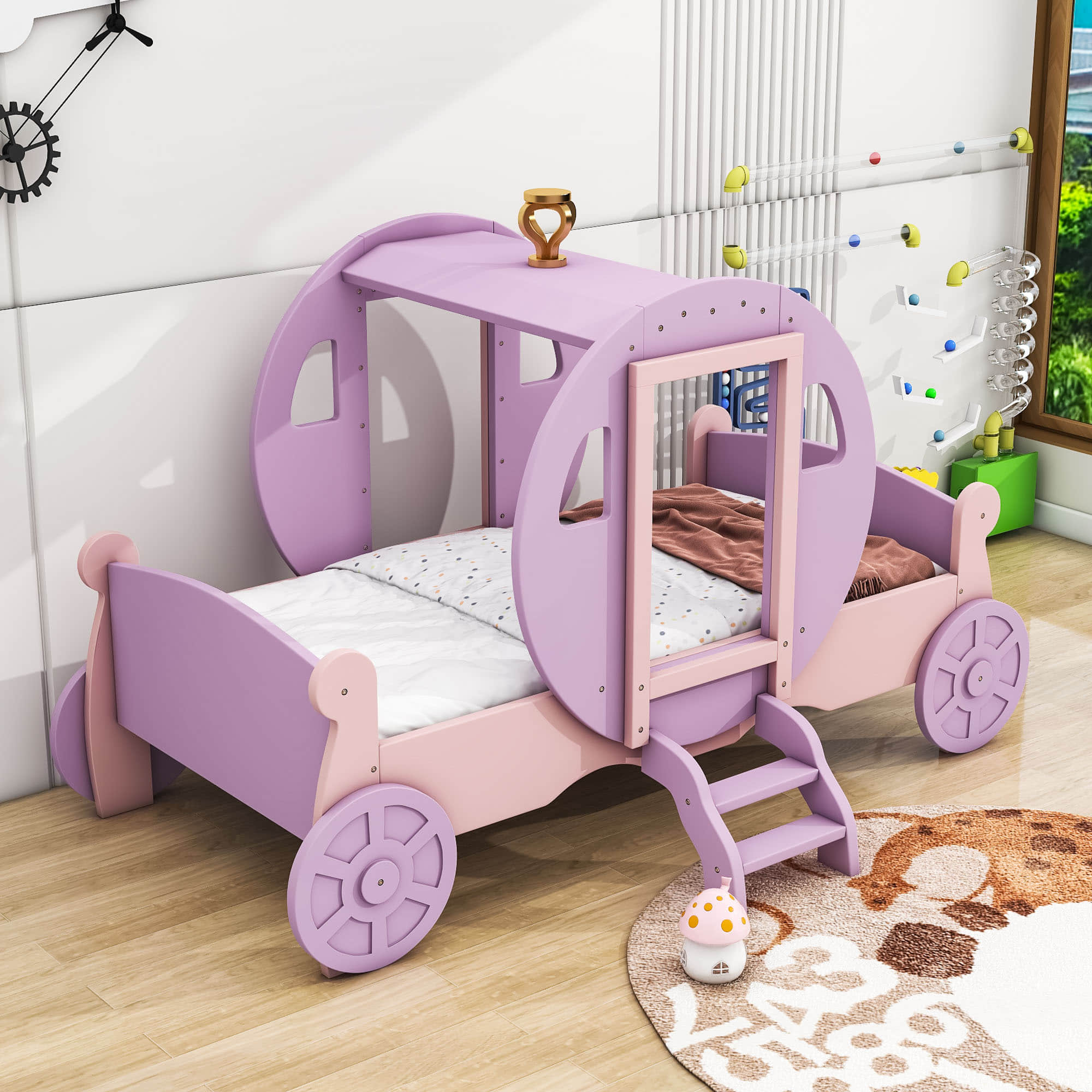 Twin Wood Girls Princess Bed with Stairs - [Carriage Bed with Crown]