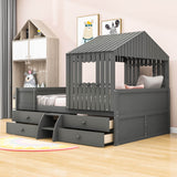 Full Size Low House Toddler Loft Bed with Stairs and Storage - [2 Steps]