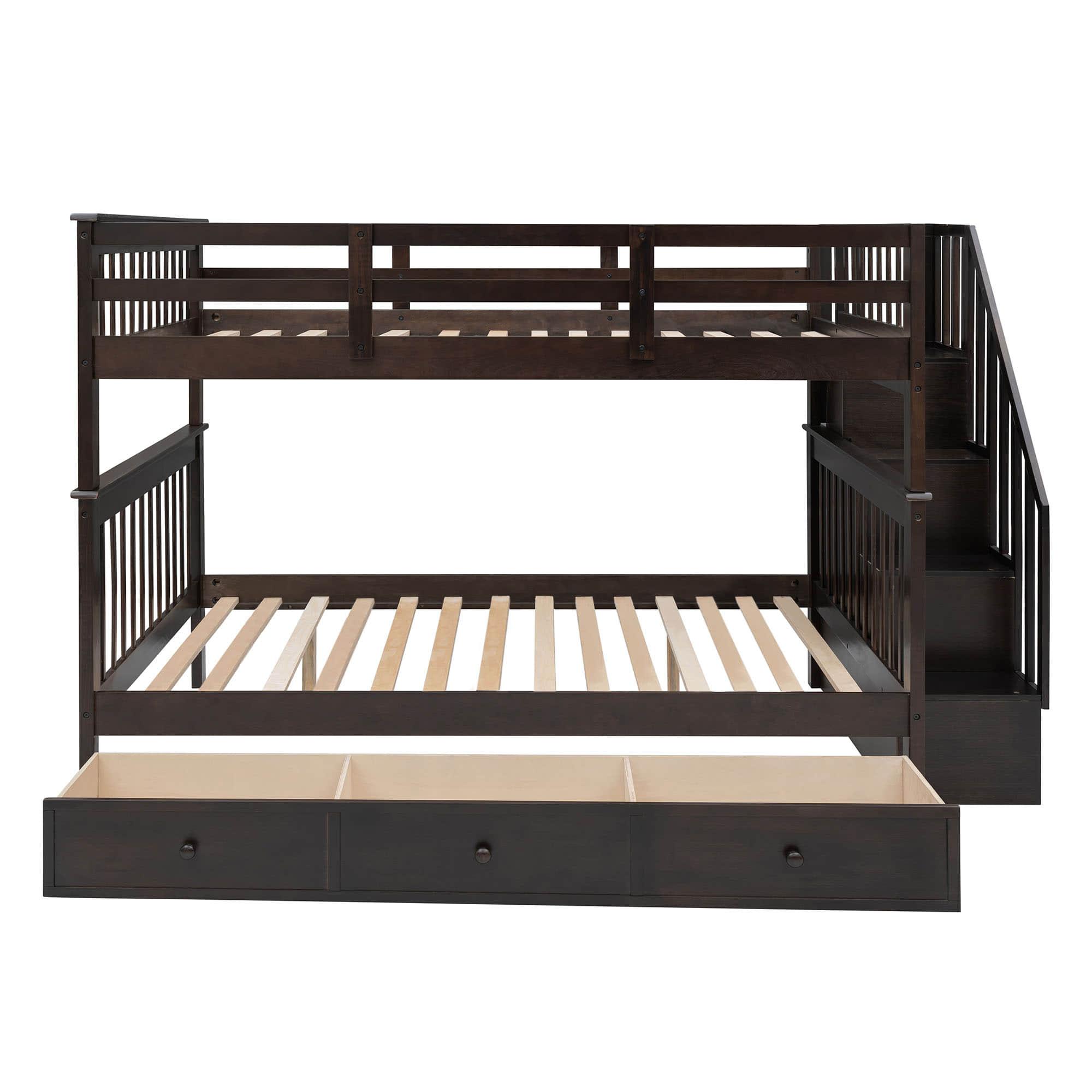 Wood Full Over Full Bunk Bed with Storage and Stairs - [Drawers, Shelves, Class]