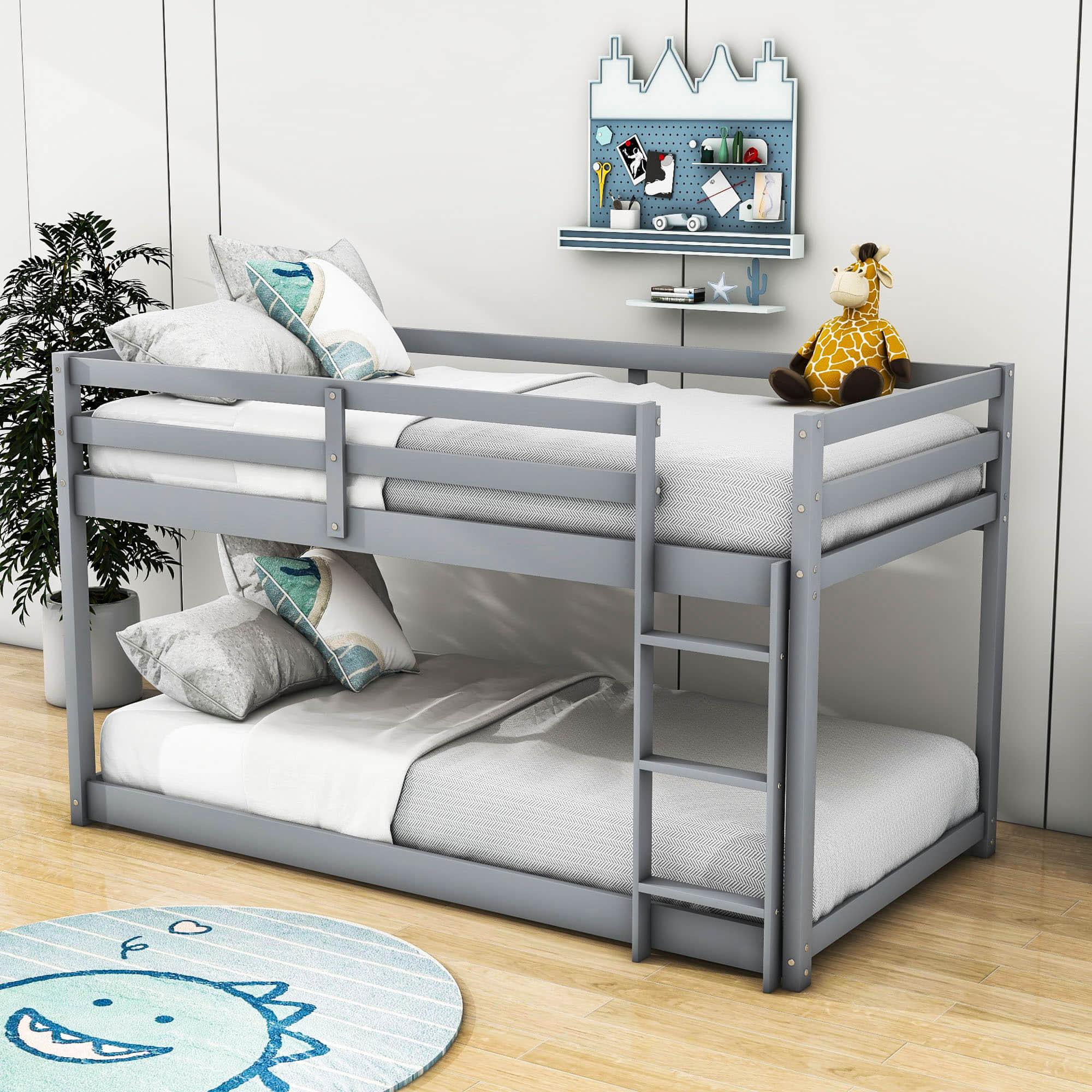 Wood Scandinavian Twin Over Twin Floor Loft Bunk Bed with Ladder